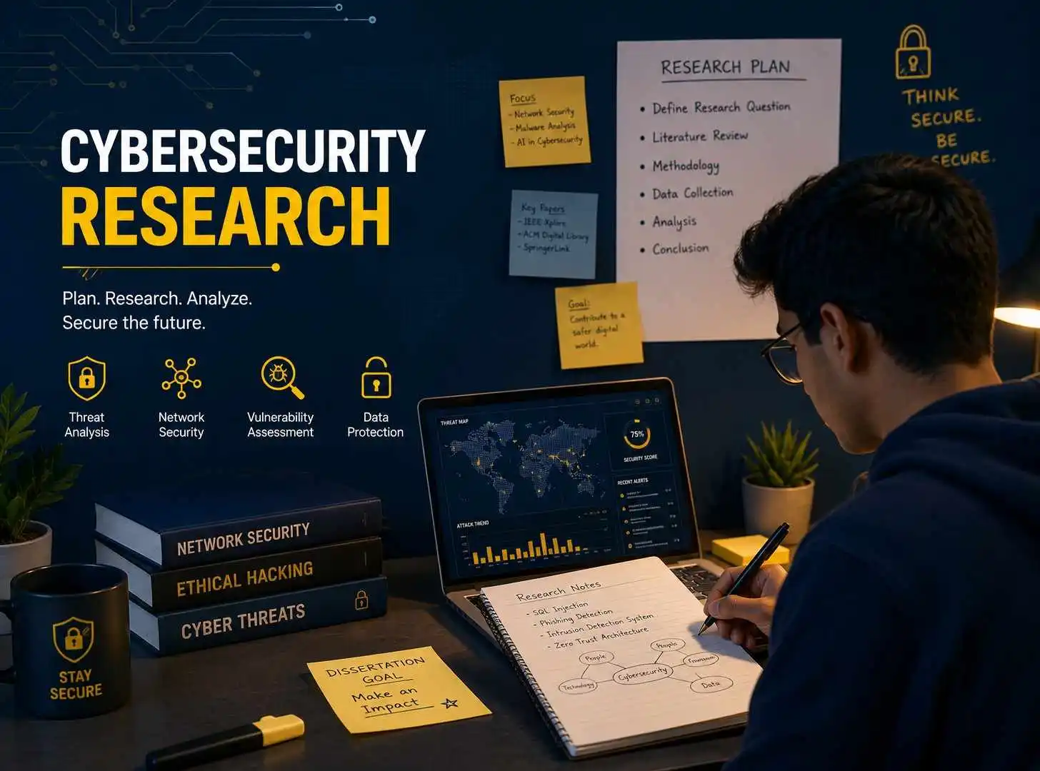 Student planning a cybersecurity dissertation with research notes, laptop, and network security visuals.