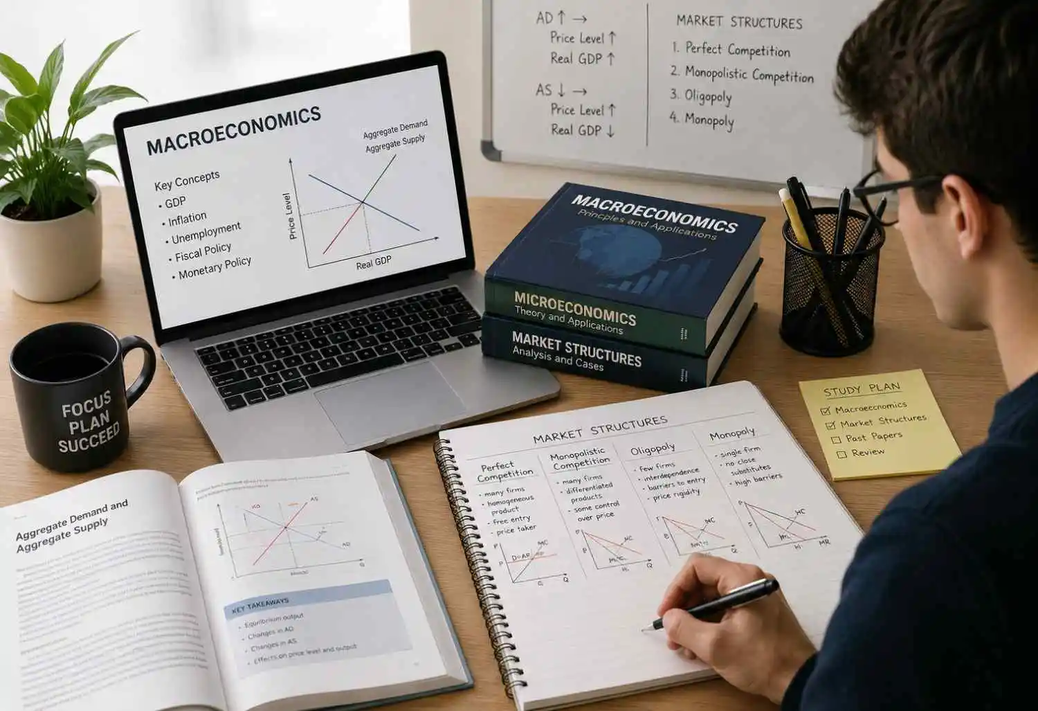 University student studying macroeconomics and market structures for economics coursework