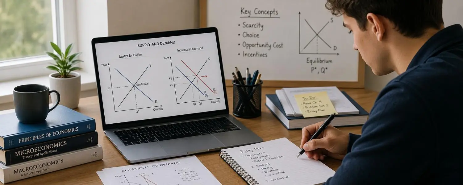 Economics student analysing supply and demand charts for university coursework assignment