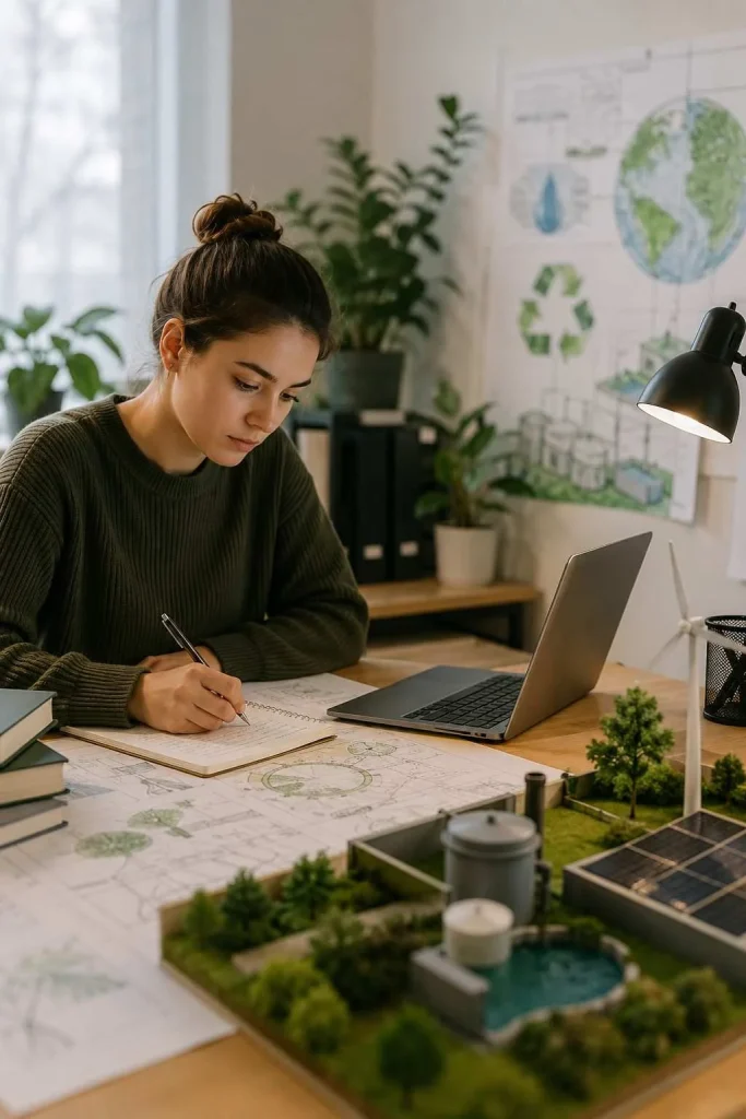 Environmental engineering student planning assignment work with sustainable design models and research materials before submission deadline