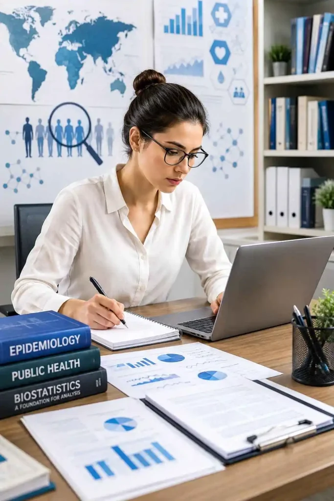 Student analysing epidemiology data and public health research while working on a university assignment in a modern study environment