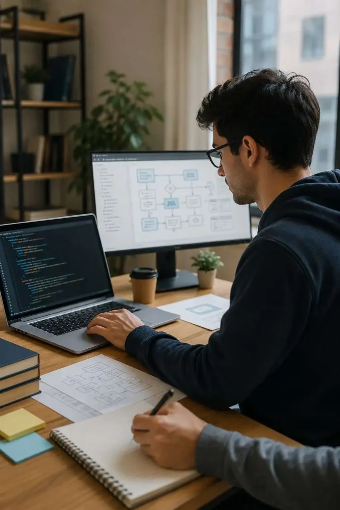 Student working on software engineering coursework with coding, system design diagrams, and project planning on multiple screens