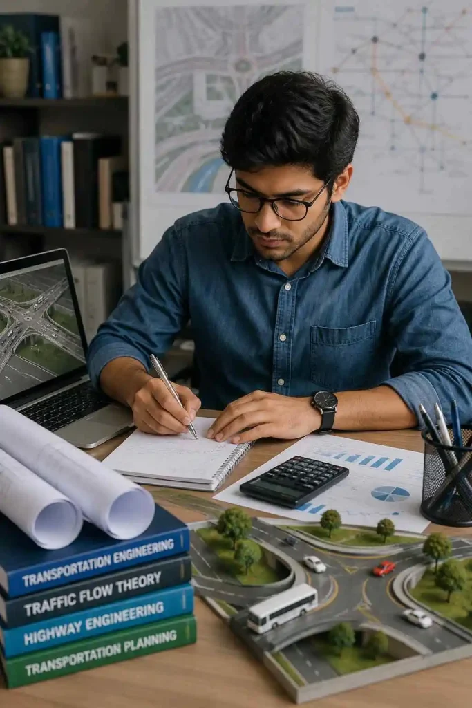 Student working on transportation engineering assignment with laptop and traffic models