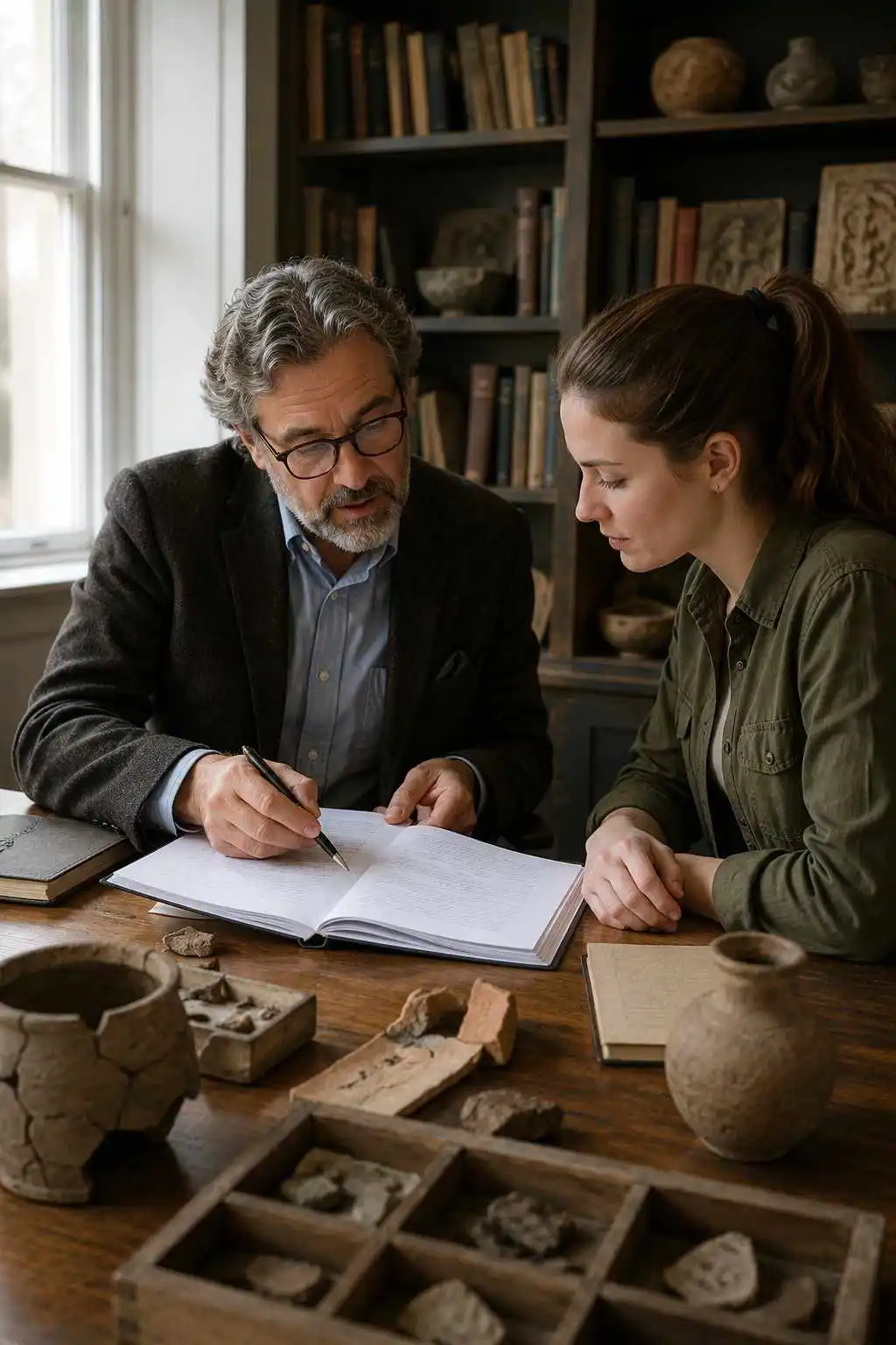 Archaeology tutor reviewing dissertation research with university student in the UK
