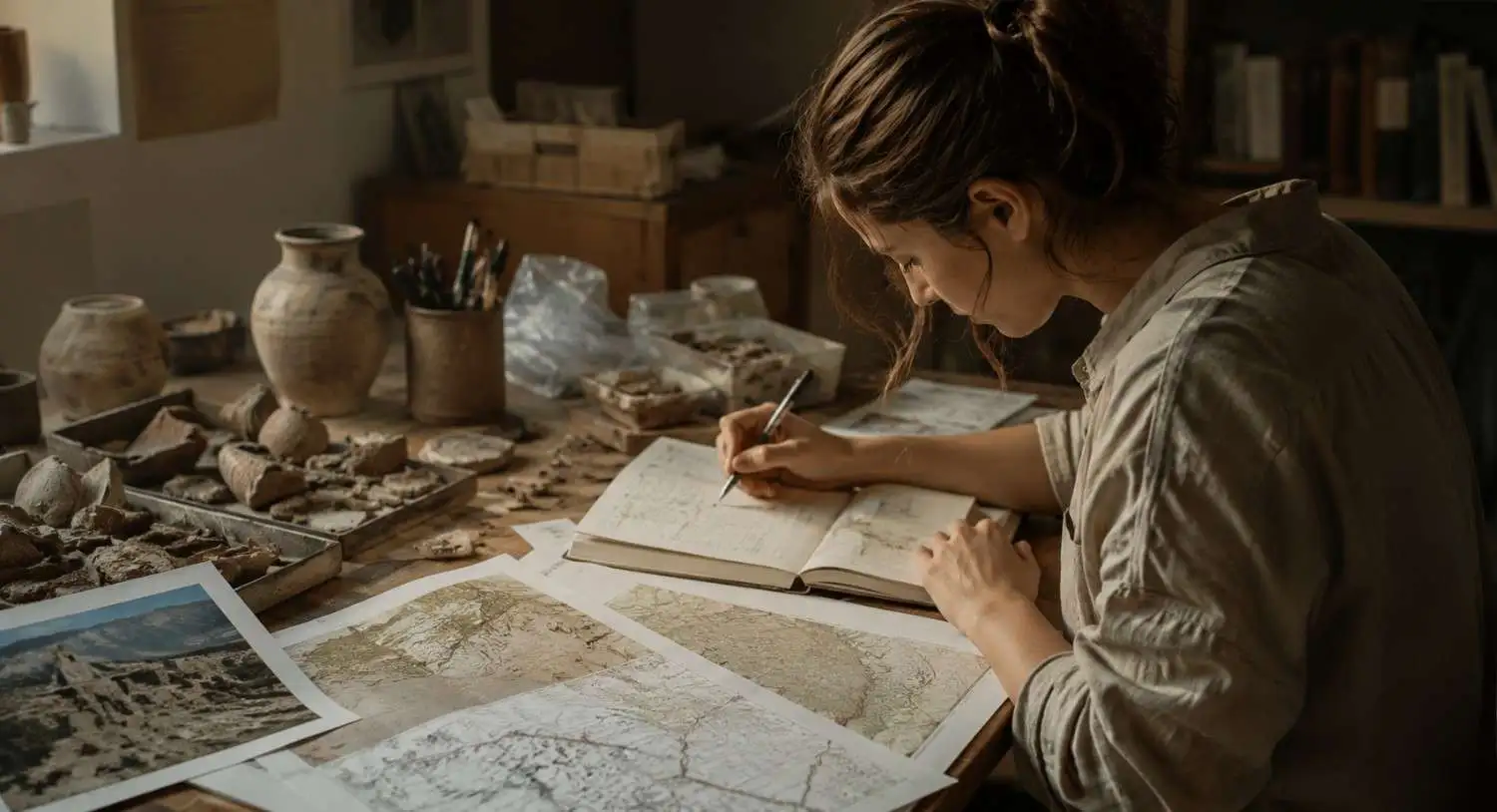 Postgraduate archaeology student analyzing field survey data and dissertation research materials