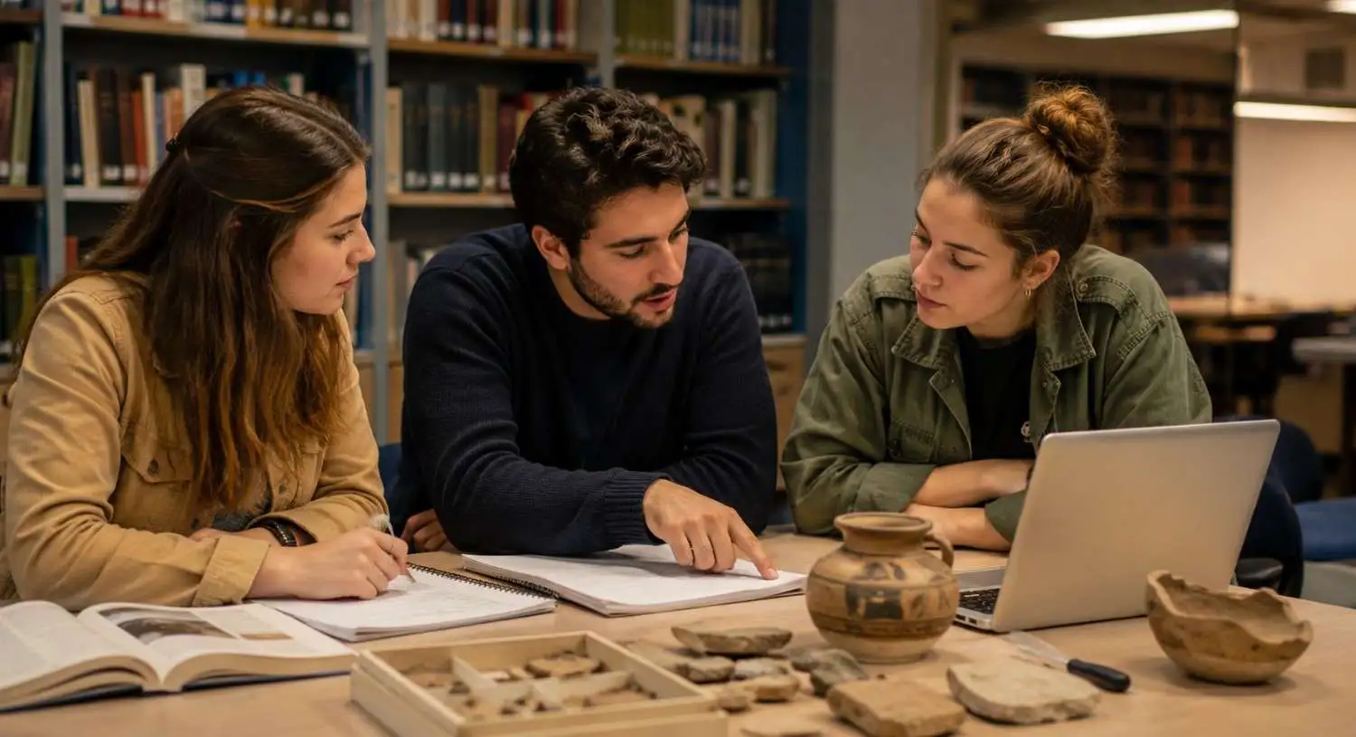 Undergraduate archaeology students reviewing research notes and archaeological artefacts in a university library
