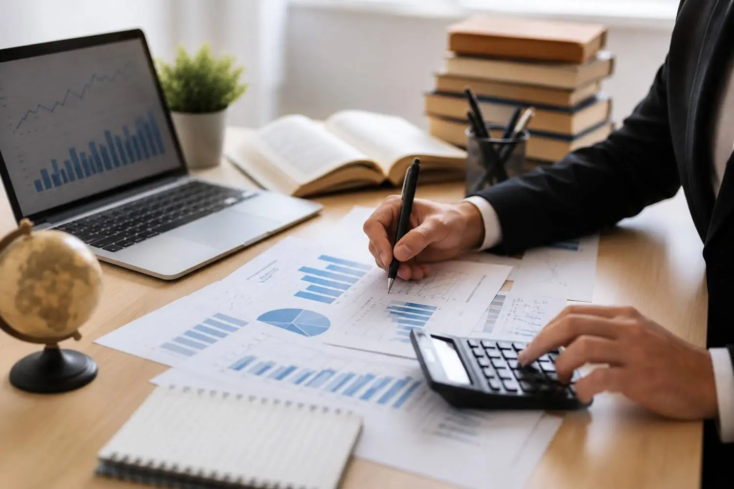 Professional academic writers collaborating on economics coursework with financial charts and laptops in a modern office