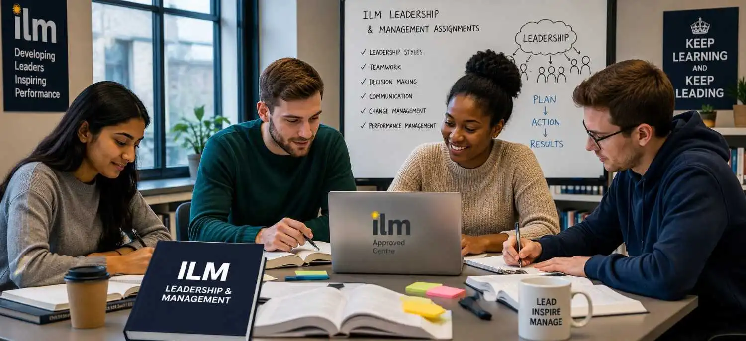 Students studying ILM leadership and management assignments in a collaborative learning environment