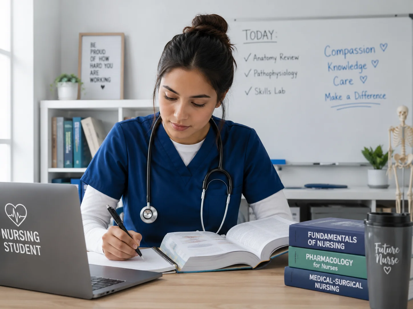 nursing student studying coursework with academic support and nursing textbooks