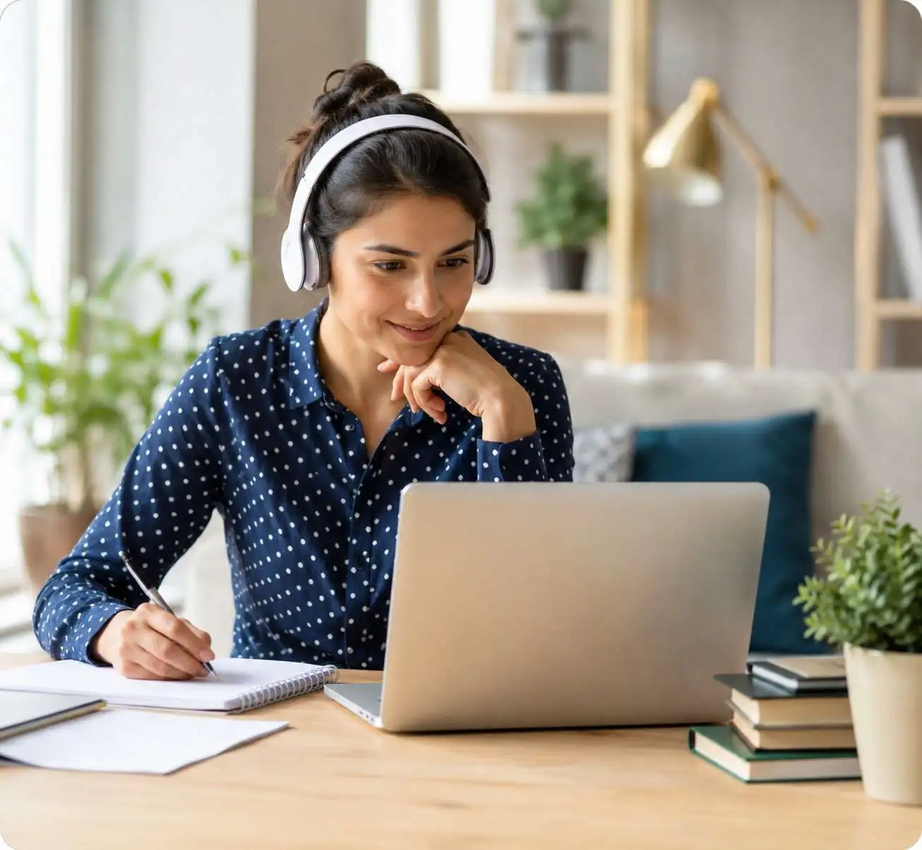 Young woman studying online with laptop and headphones for CMI assignment help in a home office