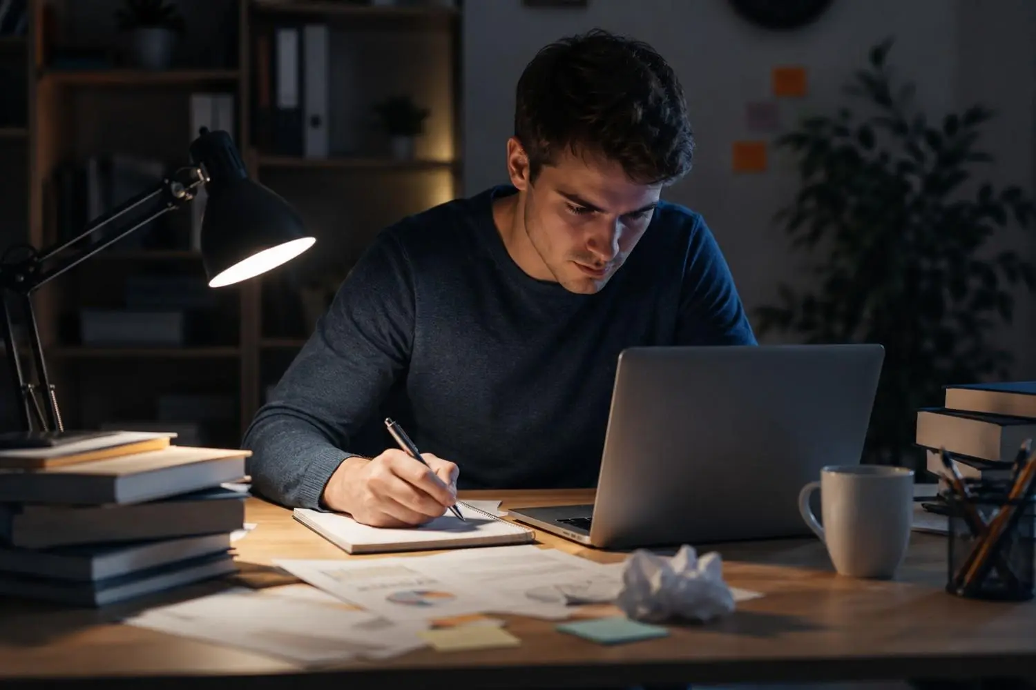 student working on urgent business coursework before submission deadline