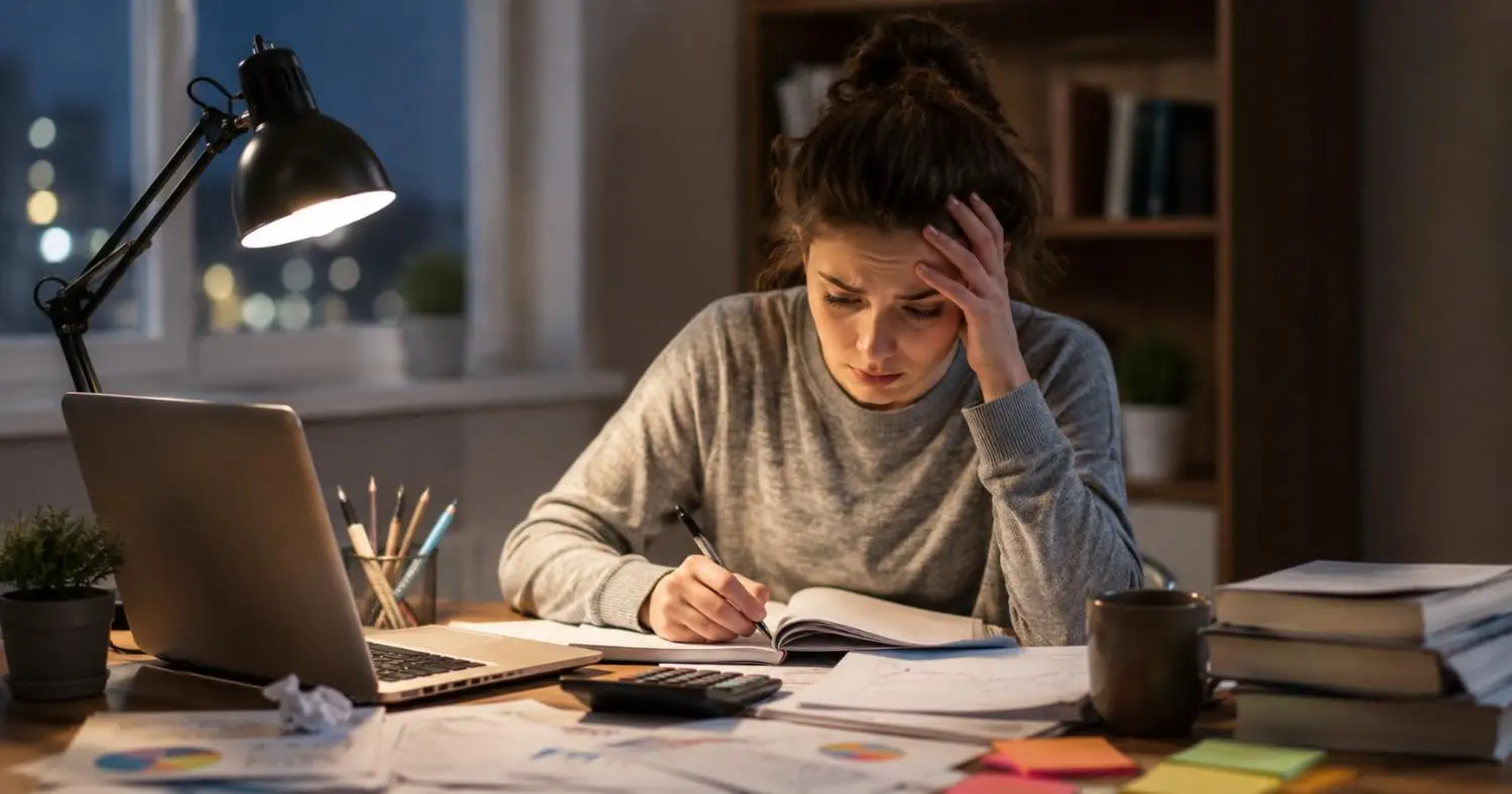 Student working late on economics coursework before a university deadline