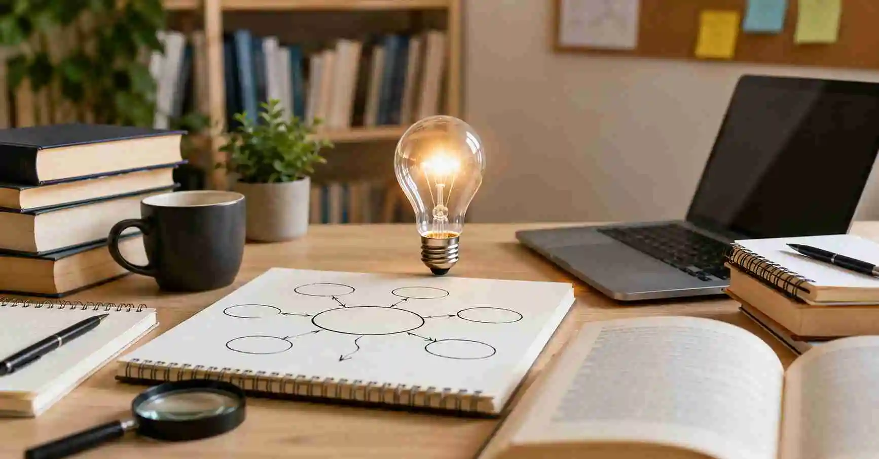 Light bulb, notebook and books representing research question development.